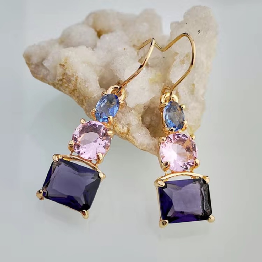 Anthropologie Gold and Purple Multi-Stone Earrings